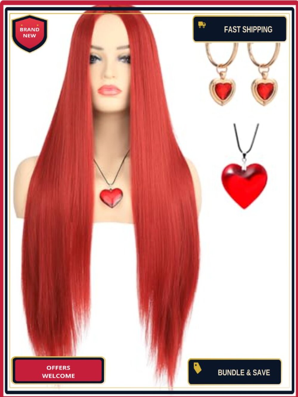 Womens Long Straight Wig with Necklace and Earrings Cosplay Costume